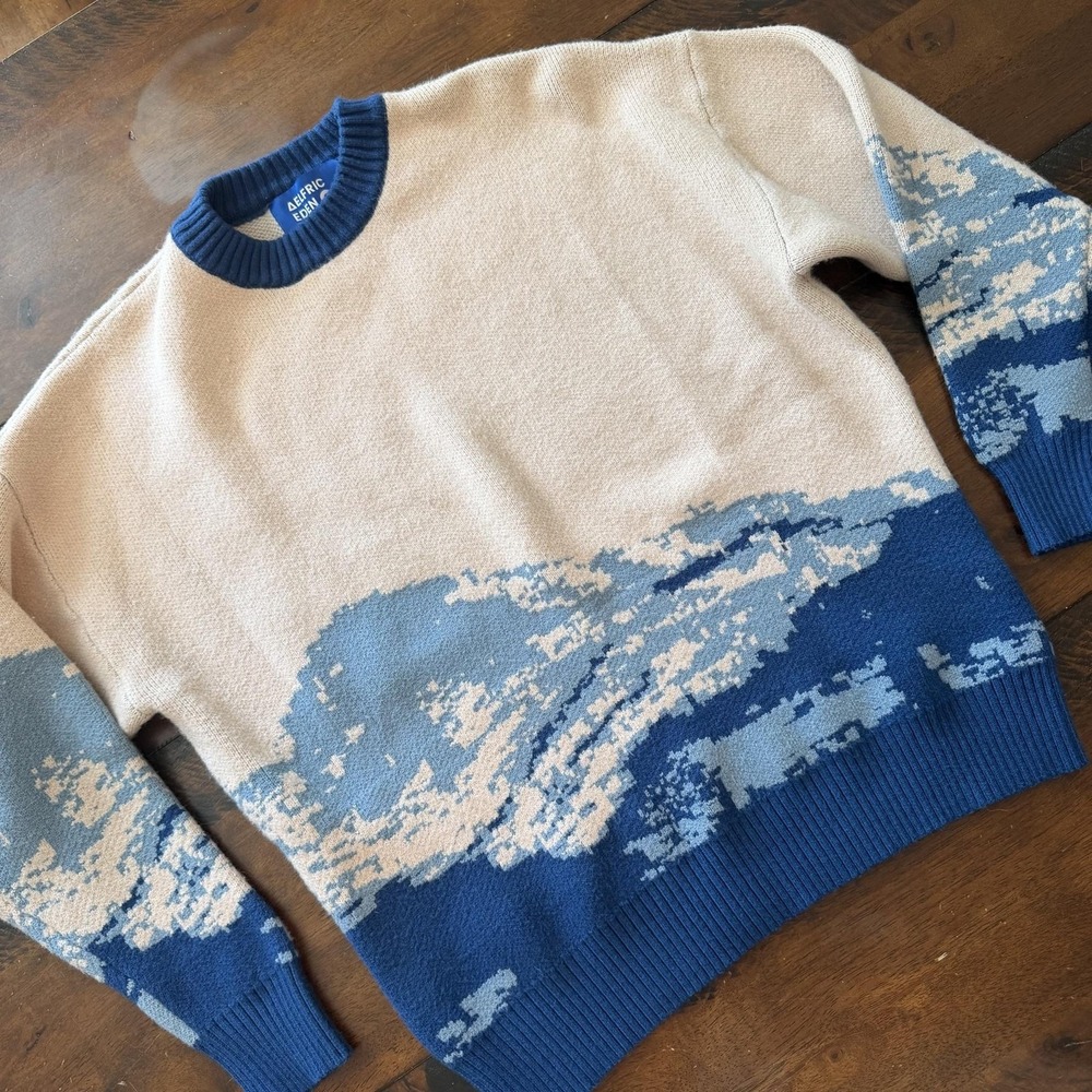 Aelfric Eden Sweater Mens Small Blue Beige Mountain Graphic Crewneck Pullover